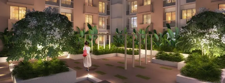 Elegant living room with blue ottoman