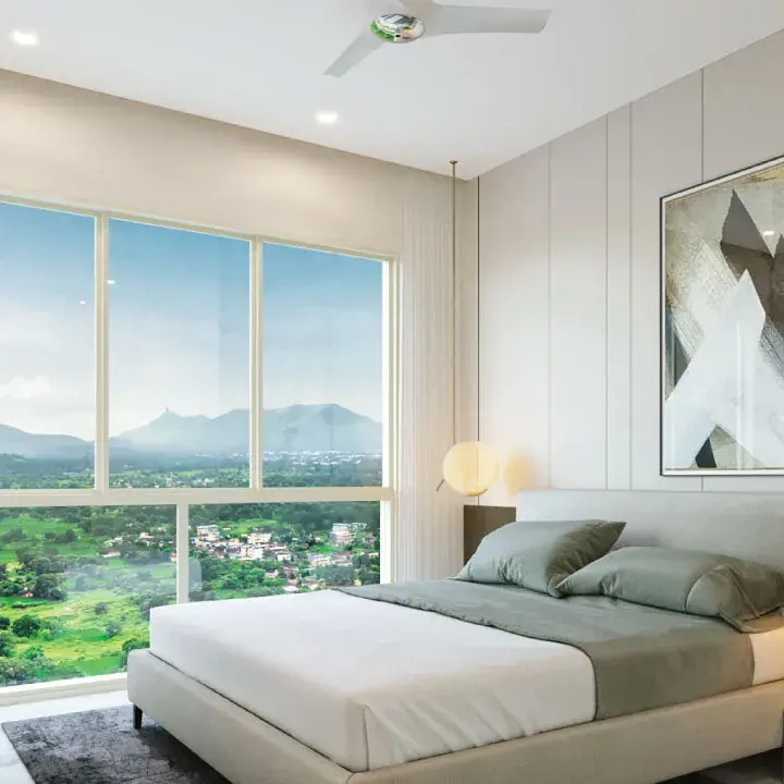 Elegant living room with blue ottoman