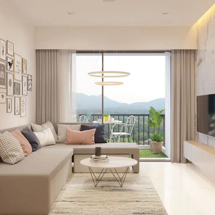 Elegant living room with blue ottoman