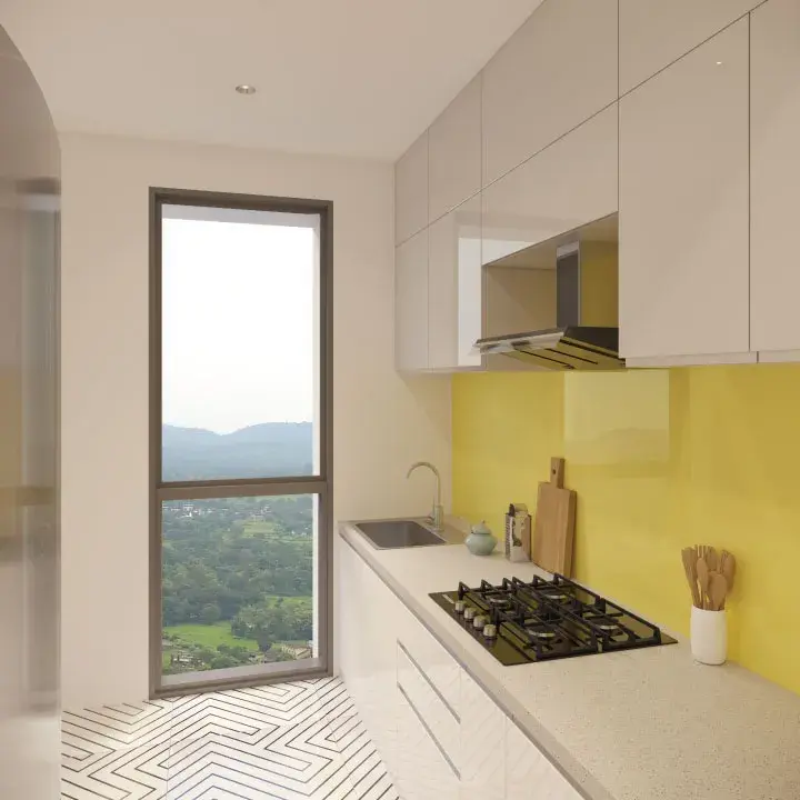 Elegant living room with blue ottoman