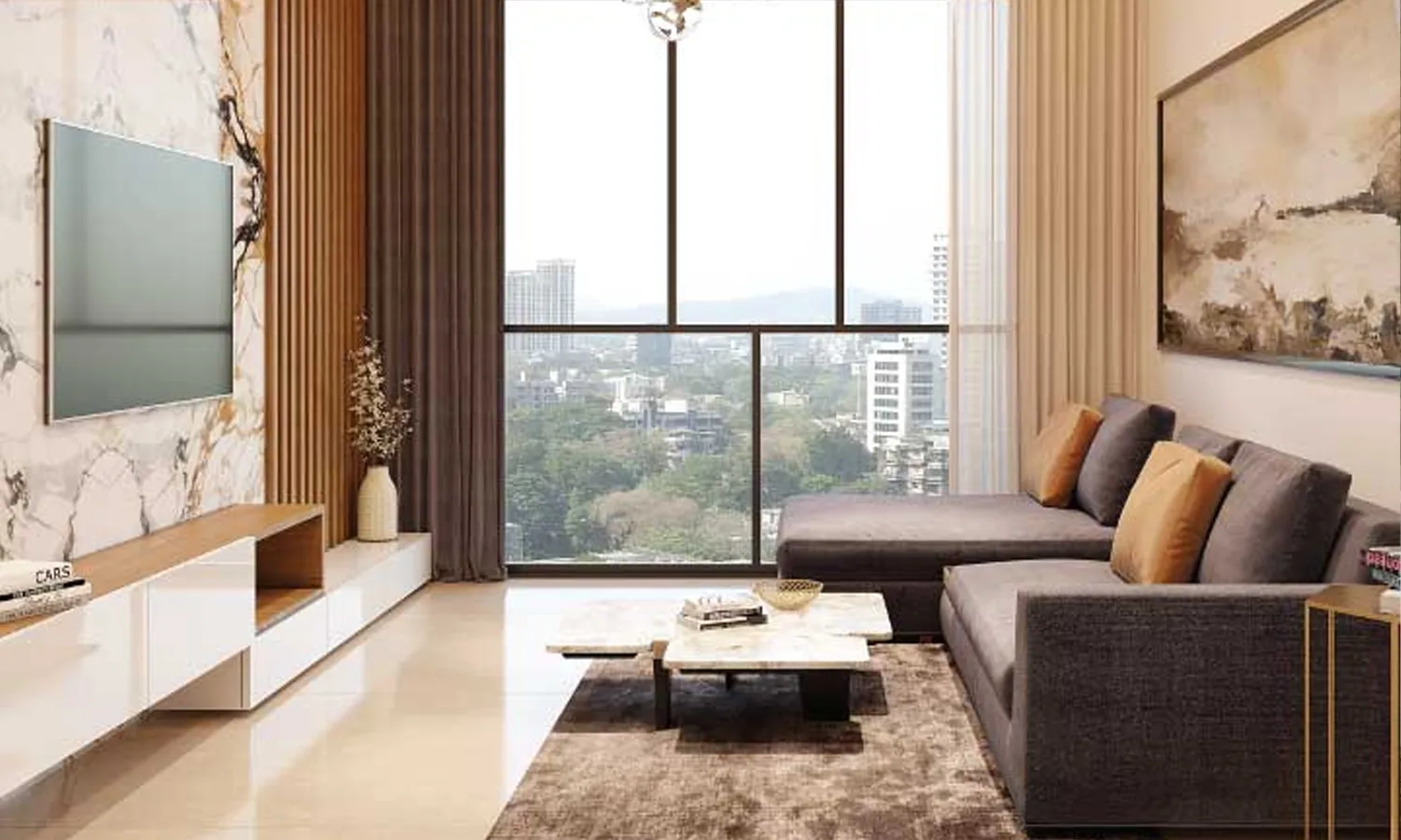 Elegant living room with blue ottoman